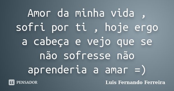 Amor da minha vida , sofri por ti , hoje ergo a cabeça e vejo que se não sofresse não aprenderia a amar =)... Frase de Luis Fernando Ferreira.