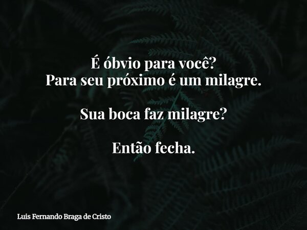 É óbvio para você? Para seu próximo é um milagre. Sua boca faz milagre? Então fecha.... Frase de Luis Fernando Braga de Cristo.