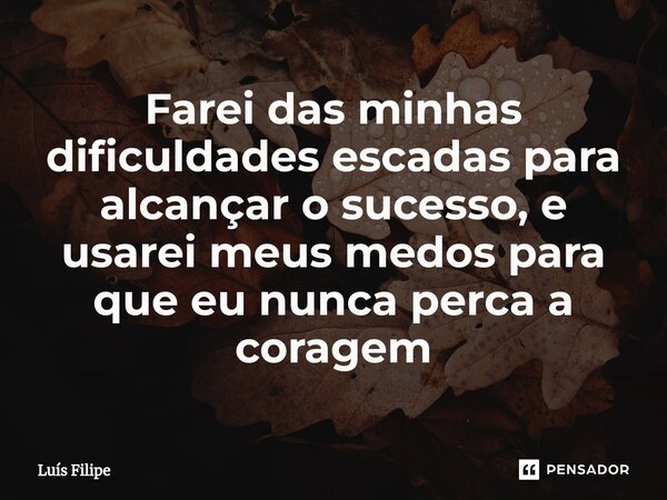 ⁠Farei das minhas dificuldades escadas para alcançar o sucesso, e usarei meus medos para que eu nunca perca a coragem... Frase de Luis Filipe.