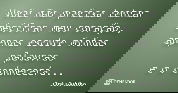 Você não precisa tentar decifrar meu coração, apenas escute minhas palavras e o conhecerá...... Frase de Luís Galdino.