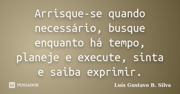 Arrisque-se quando necessário, busque enquanto há tempo, planeje e execute, sinta e saiba exprimir.... Frase de Luís Gustavo B. Silva.