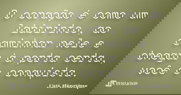 O coração é como um labirinto, ao caminhar nele e chegar à porta certa, você o conquista.... Frase de Luis Henrique.
