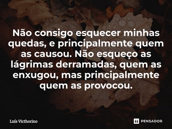 ⁠Não consigo esquecer minhas quedas, e principalmente quem as causou. Não esqueço as lágrimas derramadas, quem as enxugou, mas principalmente quem as provocou.... Frase de Luís Victhorino.