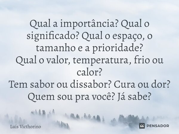 ⁠Qual a importância? Qual o significado? Qual o espaço, o tamanho e a prioridade? Qual o valor, temperatura, frio ou calor? Tem sabor ou dissabor? Cura ou dor? ... Frase de Luís Victhorino.