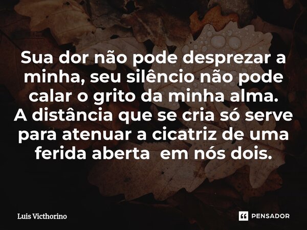 ⁠Sua dor não pode desprezar a minha, seu silêncio não pode calar o grito da minha alma. A distância que se cria só serve para atenuar a cicatriz de uma ferida a... Frase de Luís Victhorino.