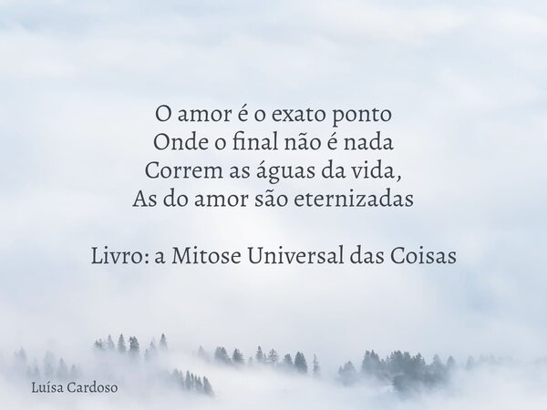 ⁠O amor é o exato ponto Onde o final não é nada Correm as águas da vida, As do amor são eternizadas Livro: a Mitose Universal das Coisas... Frase de Luísa Cardoso.