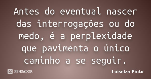 Antes do eventual nascer das interrogações ou do medo, é a perplexidade que pavimenta o único caminho a se seguir.... Frase de Luiselza Pinto.