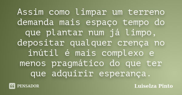 Assim como limpar um terreno demanda mais espaço tempo do que plantar num já limpo, depositar qualquer crença no inútil é mais complexo e menos pragmático do qu... Frase de Luiselza Pinto.