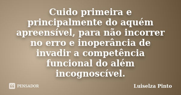 Cuido primeira e principalmente do aquém apreensível, para não incorrer no erro e inoperância de invadir a competência funcional do além incognoscível.... Frase de Luiselza Pinto.