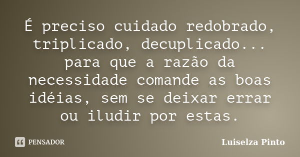 É preciso cuidado redobrado, triplicado, decuplicado... para que a razão da necessidade comande as boas idéias, sem se deixar errar ou iludir por estas.... Frase de Luiselza Pinto.