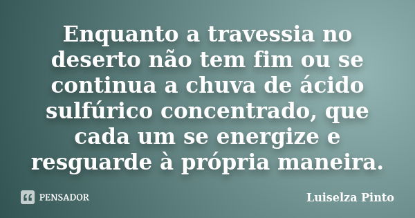 Enquanto a travessia no deserto não tem fim ou se continua a chuva de ácido sulfúrico concentrado, que cada um se energize e resguarde à própria maneira.... Frase de Luiselza Pinto.