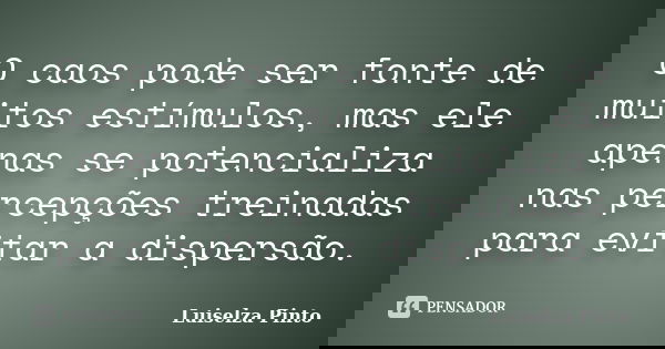O caos pode ser fonte de muitos estímulos, mas ele apenas se potencializa nas percepções treinadas para evitar a dispersão.... Frase de Luiselza Pinto.