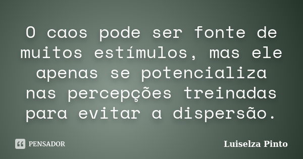 O caos pode ser fonte de muitos estímulos, mas ele apenas se potencializa nas percepções treinadas para evitar a dispersão.... Frase de Luiselza Pinto.