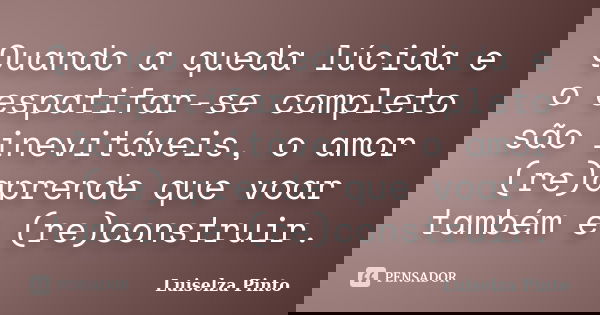Quando a queda lúcida e o espatifar-se completo são inevitáveis, o amor (re)aprende que voar também é (re)construir.... Frase de Luiselza Pinto.