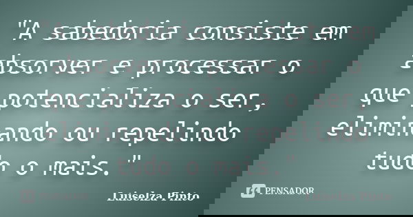 "A sabedoria consiste em absorver e processar o que potencializa o ser, eliminando ou repelindo tudo o mais."... Frase de Luiselza Pinto.