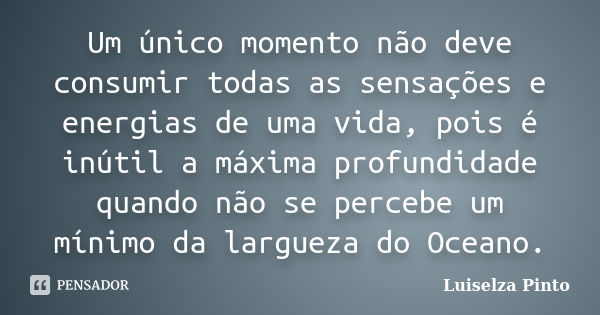 Um único momento não deve consumir todas as sensações e energias de uma vida, pois é inútil a máxima profundidade quando não se percebe um mínimo da largueza do... Frase de Luiselza Pinto.