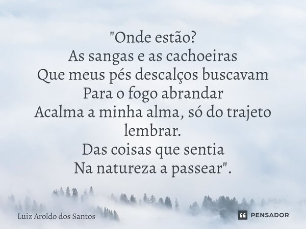 ⁠"Onde estão? As sangas e as cachoeiras Que meus pés descalços buscavam Para o fogo abrandar Acalma a minha alma, só do trajeto lembrar. Das coisas que sen... Frase de Luiz Aroldo dos Santos.