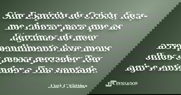 Sim Espirito de Cristo, faça-me chorar para que as lágrimas do meu arrependimento lave meus olhos e possa perceber Teu agir e entender a Tua vontade.... Frase de Luiz C Fatima.