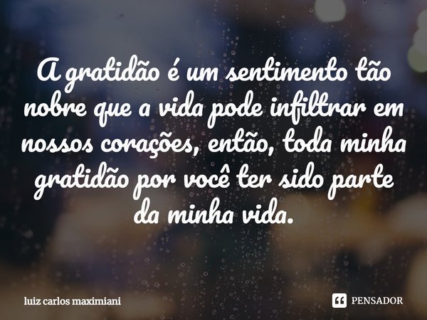 ⁠A gratidão é um sentimento tão nobre que a vida pode infiltrar em nossos corações, então, toda minha gratidão por você ter sido parte da minha vida.... Frase de luiz carlos maximiani.