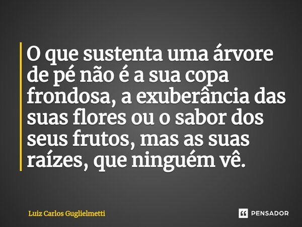 ⁠O que sustenta uma árvore de pé não é a sua copa frondosa, a exuberância das suas flores ou o sabor dos seus frutos, mas as suas raízes, que ninguém vê.... Frase de Luiz Carlos Guglielmetti.