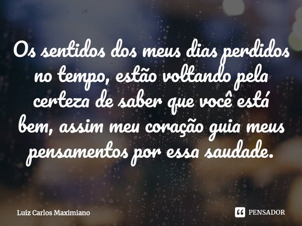 ⁠Os sentidos dos meus dias perdidos no tempo, estão voltando pela certeza de saber que você está bem, assim meu coração guia meus pensamentos por essa saudade.... Frase de Luiz Carlos Maximiano.