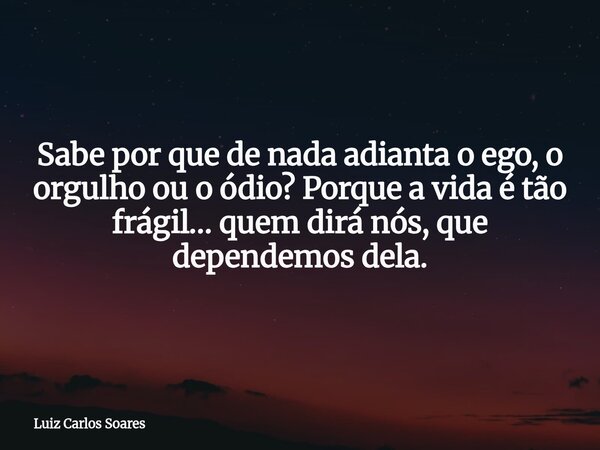 Sabe por que de nada adianta o ego, o orgulho ou o ódio? Porque a vida é tão frágil… quem dirá nós, que dependemos dela.... Frase de Luiz Carlos Soares.