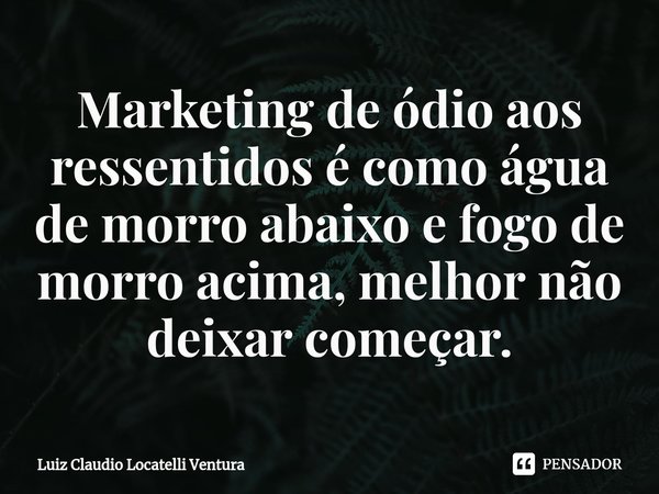 Marketing de ódio aos ressentidos é como água de morro abaixo e fogo de morro acima⁠, melhor não deixar começar.... Frase de Luiz Cláudio Locatelli Ventura.