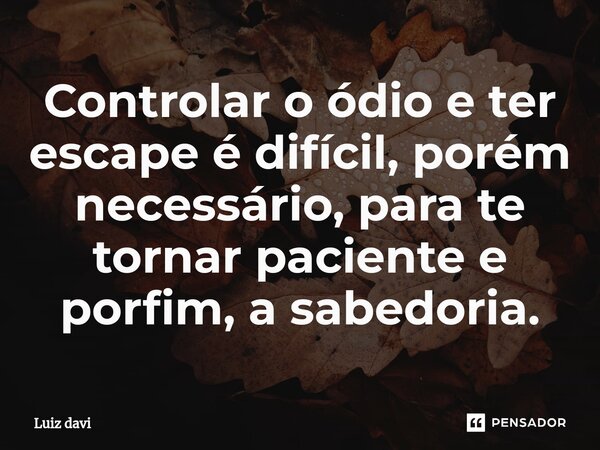 ⁠Controlar o ódio e ter escape é difícil, porém necessário, para te tornar paciente e porfim, a sabedoria.... Frase de Luiz davi.