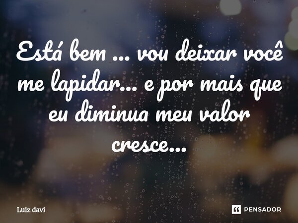 ⁠Está bem ... vou deixar você me lapidar... e por mais que eu diminua meu valor cresce...... Frase de Luiz davi.
