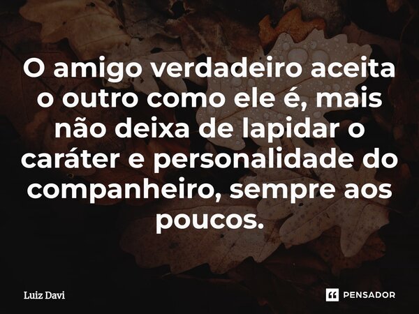 ⁠O amigo verdadeiro aceita o outro como ele é, mais não deixa de lapidar o caráter e personalidade do companheiro, sempre aos poucos.... Frase de Luiz davi.