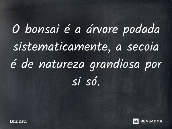 ⁠O bonsai é a árvore podada sistematicamente, a secoia é de natureza grandiosa por si só.... Frase de Luiz davi.
