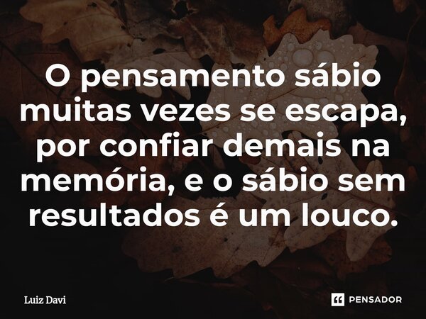 ⁠O pensamento sábio muitas vezes se escapa, por confiar demais na memória, e o sábio sem resultados é um louco.... Frase de Luiz davi.