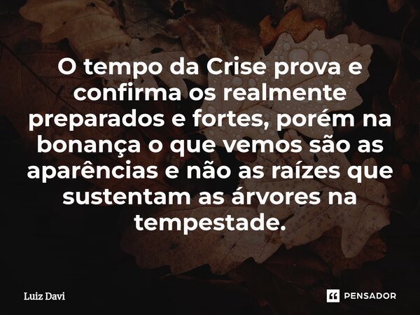 ⁠O tempo da Crise prova e confirma os realmente preparados e fortes, porém na bonança o que vemos são as aparências e não as raízes que sustentam as árvores na ... Frase de Luiz davi.