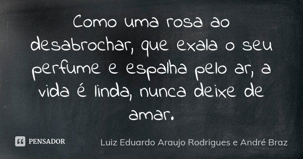 Como uma rosa ao desabrochar, que exala o seu perfume e espalha pelo ar, a vida é linda, nunca deixe de amar.... Frase de Luiz Eduardo Araujo Rodrigues e André Braz.