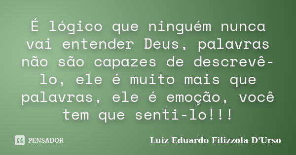 É lógico que ninguém nunca vai entender Deus, palavras não são capazes de descrevê-lo, ele é muito mais que palavras, ele é emoção, você tem que senti-lo!!!... Frase de Luiz Eduardo Filizzola D'Urso.