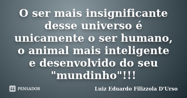 O ser mais insignificante desse universo é unicamente o ser humano, o animal mais inteligente e desenvolvido do seu "mundinho"!!!... Frase de Luiz Eduardo Filizzola D'Urso.