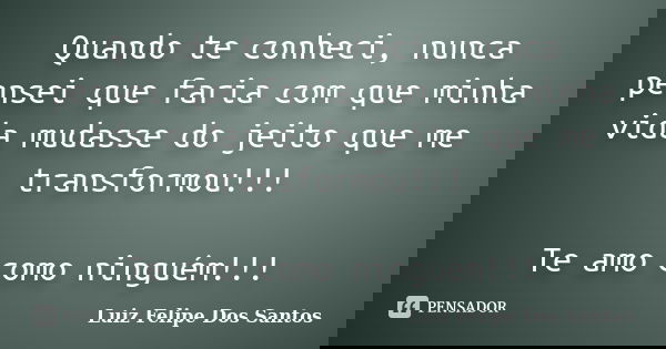 Quando te conheci, nunca pensei que faria com que minha vida mudasse do jeito que me transformou!!! Te amo como ninguém!!!... Frase de Luiz Felipe Dos Santos.