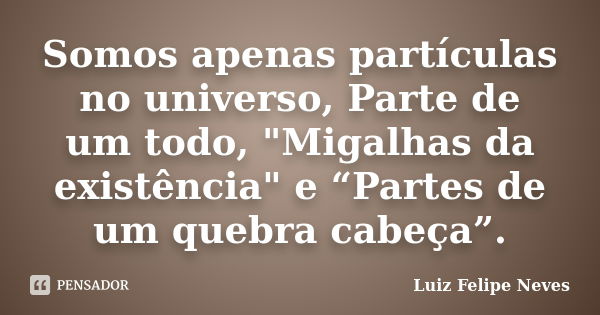 Somos apenas partículas no universo, Parte de um todo, "Migalhas da existência" e “Partes de um quebra cabeça”.... Frase de Luiz Felipe Neves.