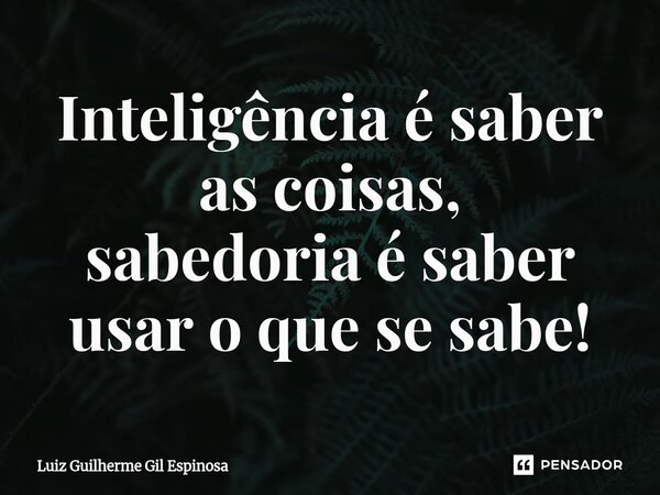 ⁠Inteligência é saber as coisas, sabedoria é saber usar o que se sabe!... Frase de Luiz Guilherme Gil Espinosa.