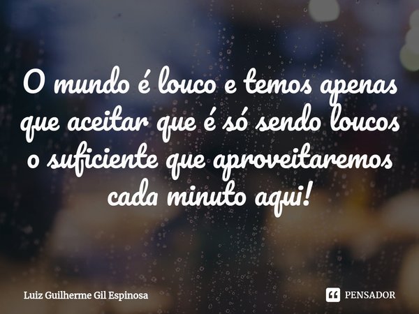 ⁠O mundo é louco e temos apenas que aceitar que é só sendo loucos o suficiente que aproveitaremos cada minuto aqui!... Frase de Luiz Guilherme Gil Espinosa.