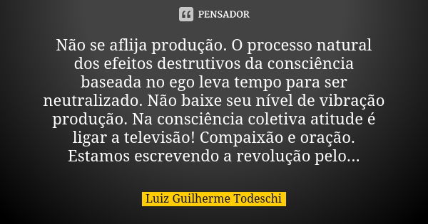 Não se aflija produção. O processo natural dos efeitos destrutivos da consciência baseada no ego leva tempo para ser neutralizado. Não baixe seu nível de vibraç... Frase de Luiz Guilherme Todeschi.