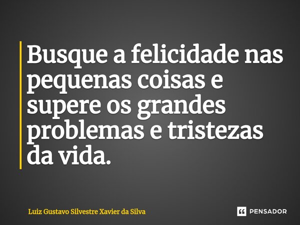 ⁠Busque a felicidade nas pequenas coisas e supere os grandes problemas e tristezas da vida.... Frase de Luiz Gustavo Silvestre Xavier da Silva.