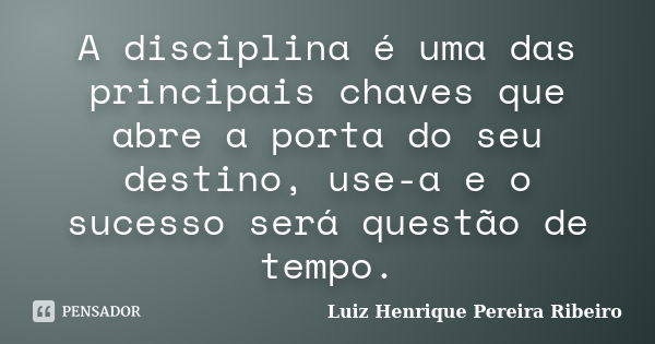 A disciplina é uma das principais chaves que abre a porta do seu destino, use-a e o sucesso será questão de tempo.... Frase de Luiz Henrique Pereira Ribeiro.