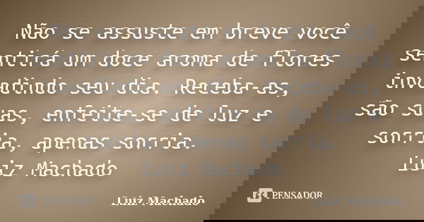 Não se assuste em breve você sentirá um doce aroma de flores invadindo seu dia. Receba-as, são suas, enfeite-se de luz e sorria, apenas sorria. Luiz Machado... Frase de Luiz Machado.
