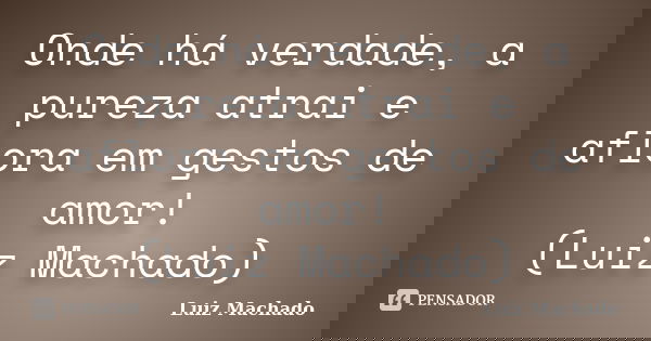 Onde há verdade, a pureza atrai e aflora em gestos de amor! (Luiz Machado)... Frase de Luiz Machado.
