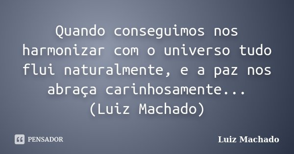 Quando conseguimos nos harmonizar com o universo tudo flui naturalmente, e a paz nos abraça carinhosamente... (Luiz Machado)... Frase de Luiz Machado.