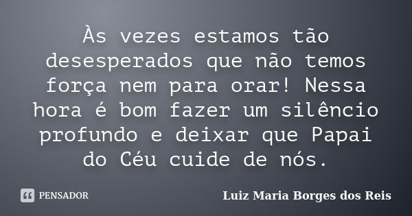 Às vezes estamos tão desesperados que não temos força nem para orar! Nessa hora é bom fazer um silêncio profundo e deixar que Papai do Céu cuide de nós.... Frase de Luiz Maria Borges dos Reis.