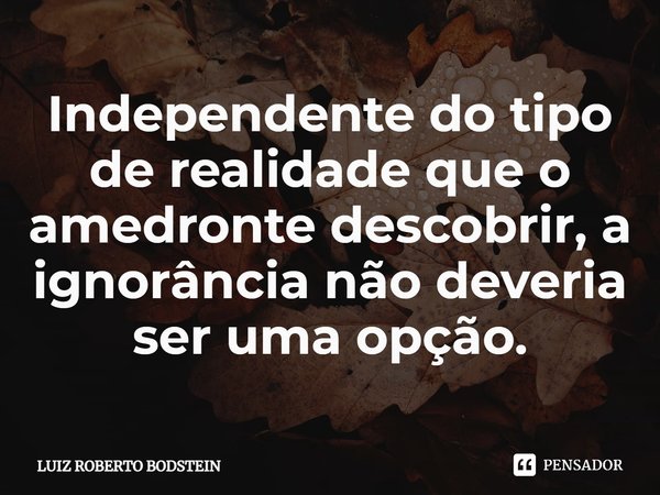 ⁠Independente do tipo de realidade que o amedronte descobrir, a ignorância não deveria ser uma opção.... Frase de Luiz Roberto Bodstein.