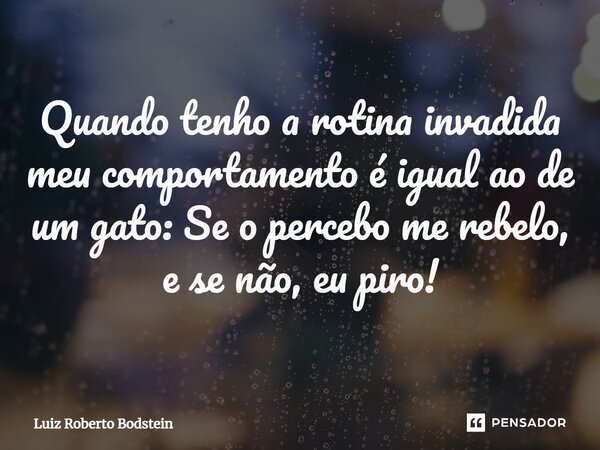 ⁠Quando tenho a rotina invadida meucomportamento é igual ao de um gato:Se o percebo me rebelo, e se não, eu piro!... Frase de Luiz Roberto Bodstein.