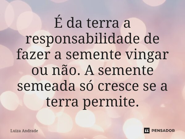 ⁠É da terra a responsabilidade de fazer a semente vingar ou não. A semente semeada só cresce se a terra permite.... Frase de Luiza Andrade.